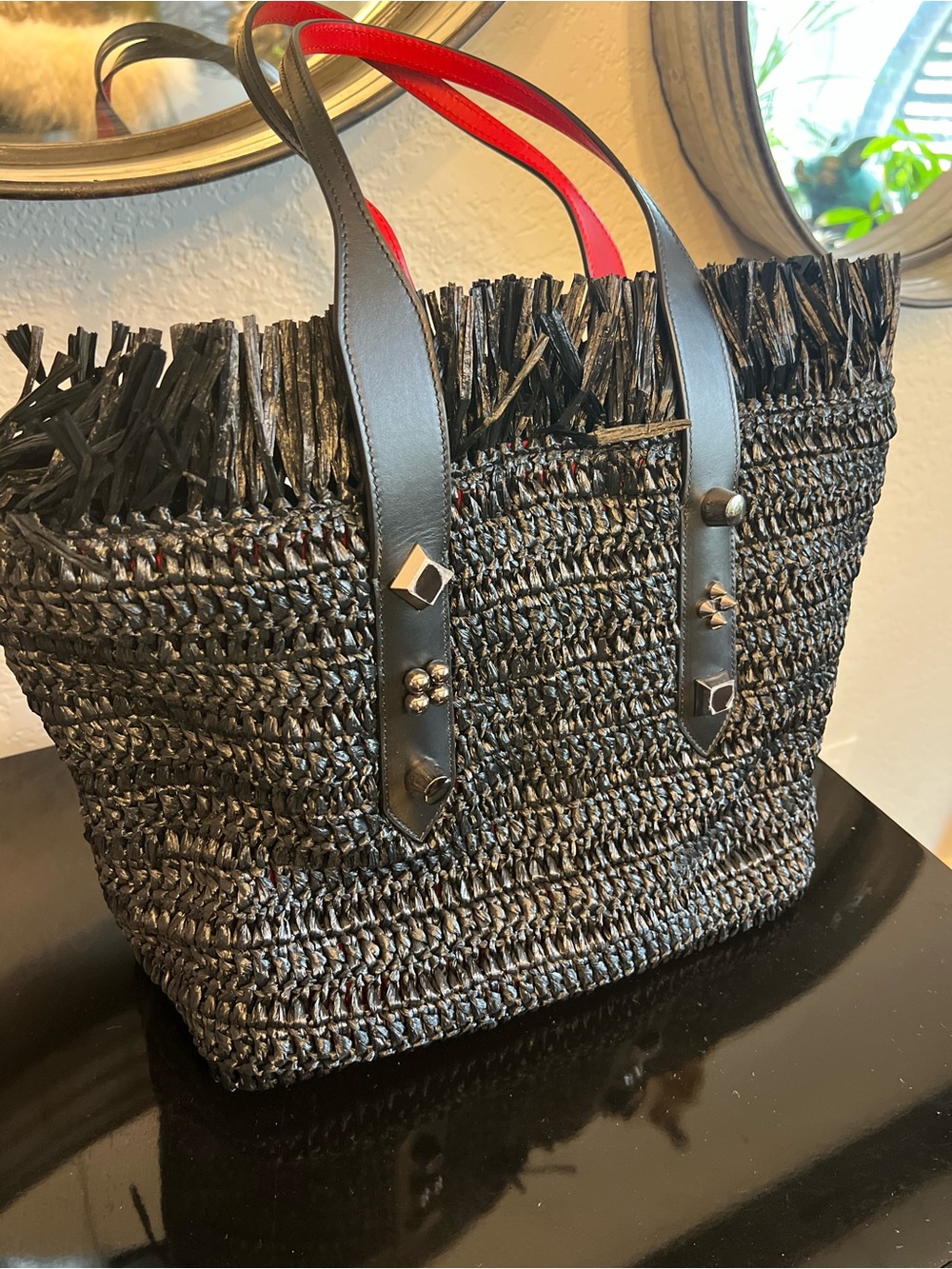 Christian Louboutin Black Woven Straw Tote with Red Script Embroidery - Picture 6 of 6